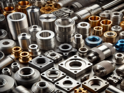 DALLE 2025-03-27 115259 - A collection of CNC-machined metal parts with different surface finishes The parts include aluminum stainless steel and brass components each with