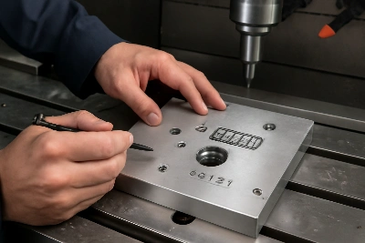 Precision CNC machining process with machinist marking metal part with GD&T symbols on milling machine table