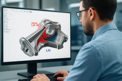 Engineer analyzing CAD model for Design for Manufacturability and Inspection improvements Engineer analyzing CAD model for Design for Manufacturability and Inspection improvements