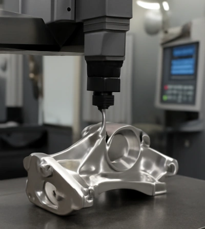 Coordinate Measuring Machine (CMM) checking dimensional accuracy of a precision aerospace part. Coordinate Measuring Machine (CMM) checking dimensional accuracy of a precision aerospace part.