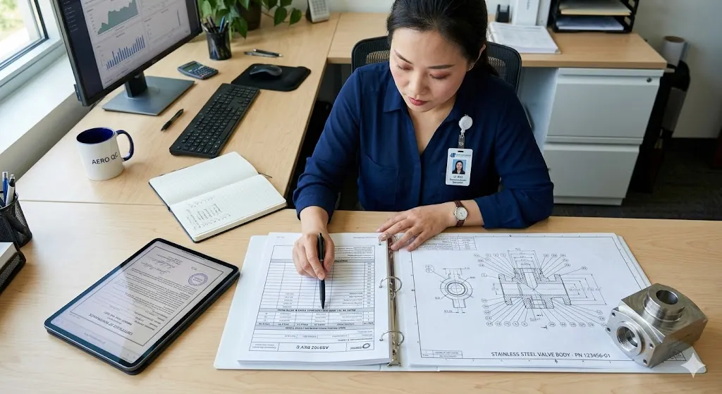 An aerospace document controller verifying an AS9102 Rev C Form 1 and Form 2 inspection package against ballooned drawings. An aerospace document controller verifying an AS9102 Rev C Form 1 and Form 2 inspection package against ballooned drawings.